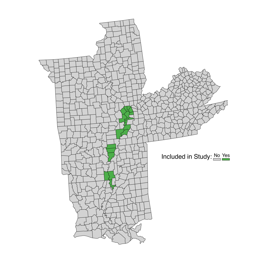 Study area map of the Lower Mississippi Delta. The 17 sample counties spanning six states are highlighted in green against a gray background of the surrounding region.