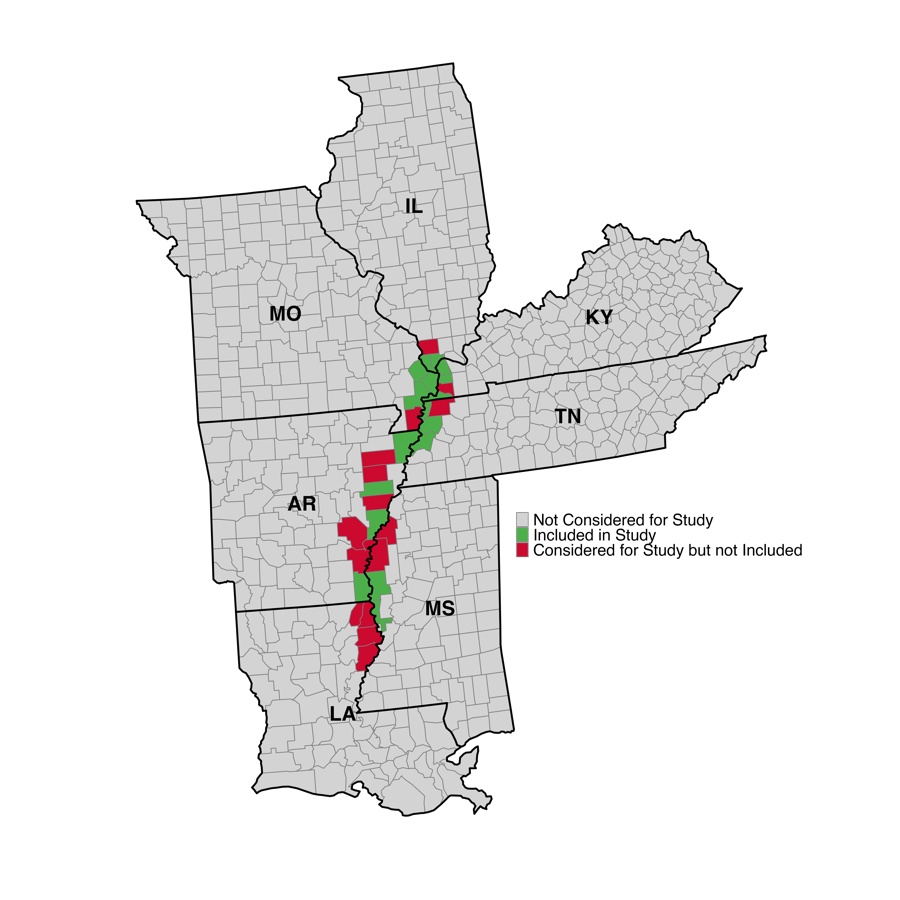 Study area map of the Lower Mississippi Delta. The 17 sample counties spanning six states are highlighted against a gray background of the surrounding region.